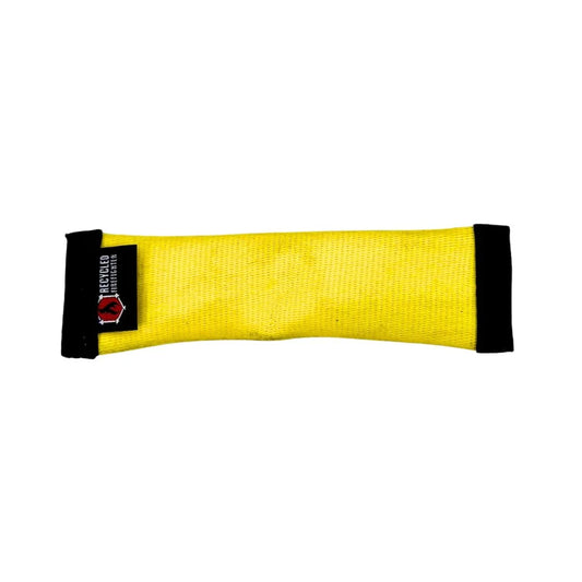 Yellow and black recycled fire hose dog fetch toy by Recycled Firefighter, durable pet toy for active dogs.