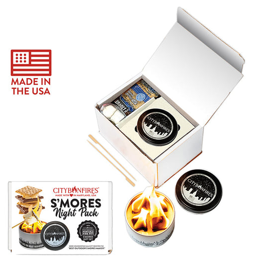 City Bonfires S'mores Night Pack outdoors set with marshmallows, chocolate, graham crackers, and roasting sticks for camping or backyard.