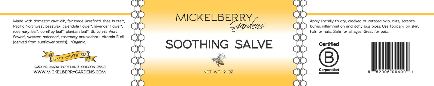 Mickelberry Gardens soothing skin care salve in a 2oz jar, creamy texture with natural herbs for gentle skin relief.