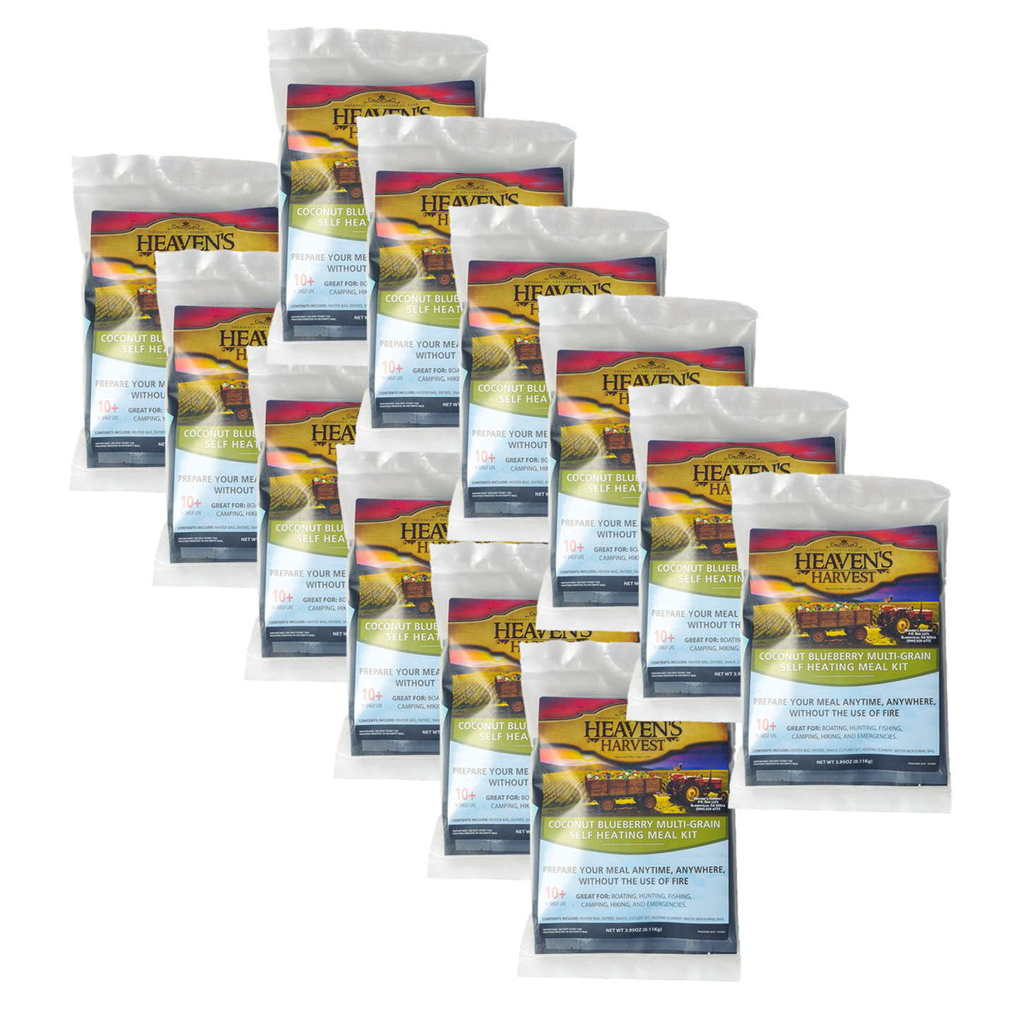 Self-heating meal kit with coconut and blueberry flavor, featuring freeze-dried multi-grain ingredients by Heaven's Harvest.