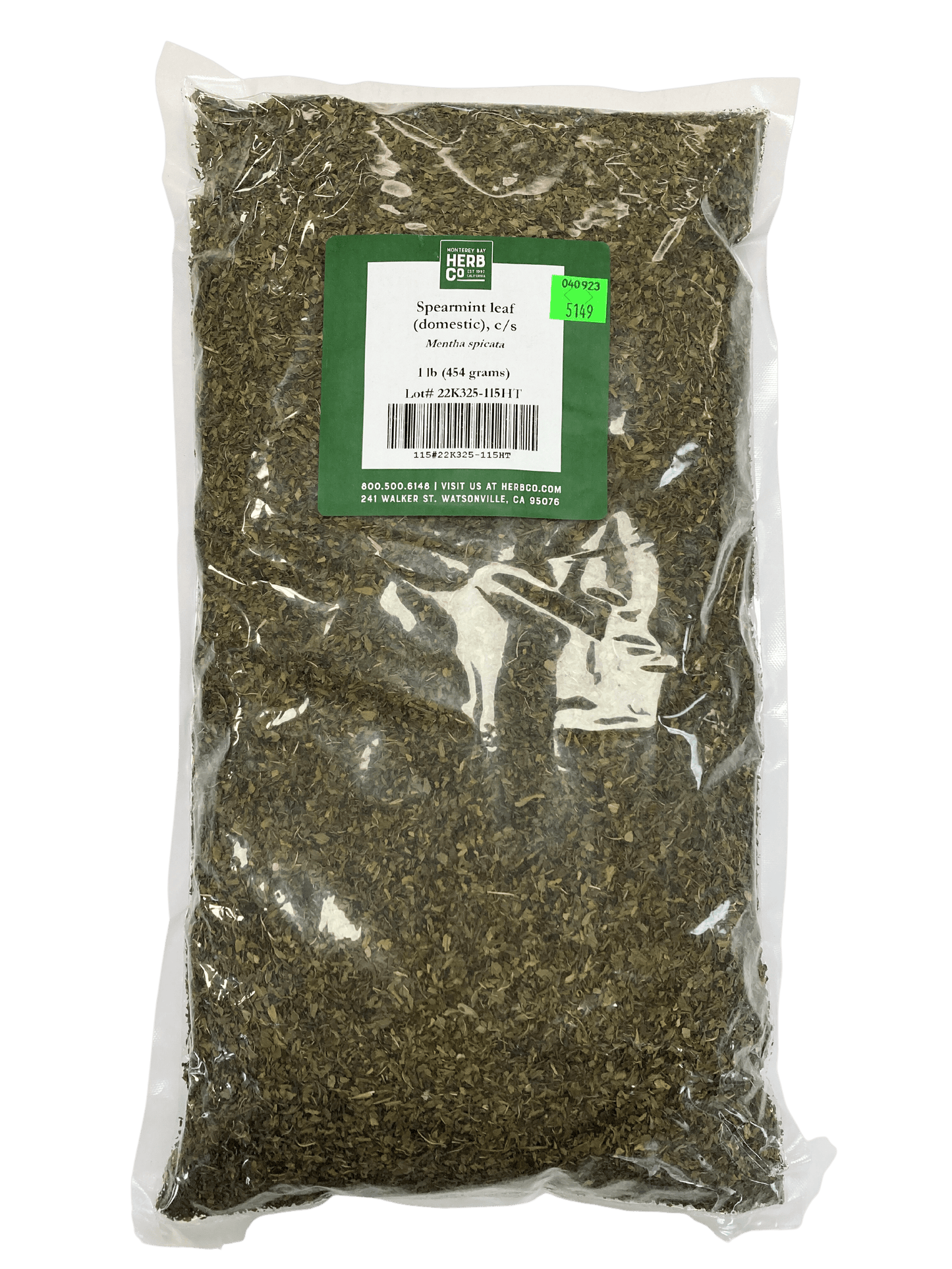 Sifted cut spearmint leaves from Country Life Natural Foods, showcasing fresh green herb for culinary or herbal use.