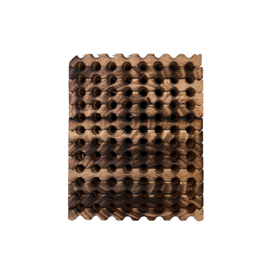 Spring reusable wood tray for mason bees, 96-hole CrownBees product, made in the USA, designed for bee nesting and habitat support.