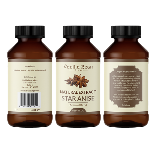 Pure star anise extract from Vanilla Bean Kings for cold care, showing a clear glass bottle of star anise extract.