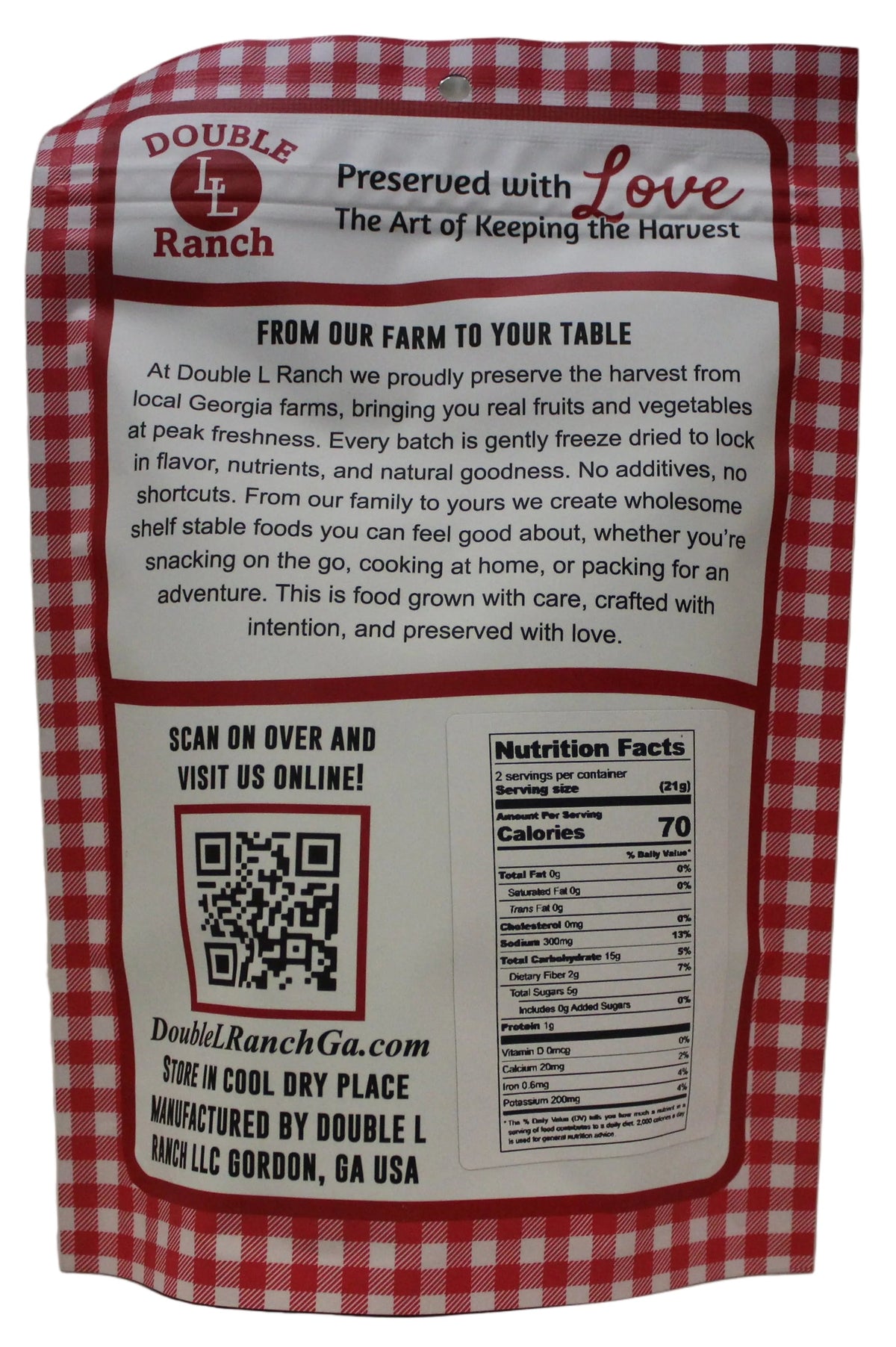 Freeze dried sweet potato chips by Double L Ranch, showing crispy, orange sweet potato slices ready to eat.