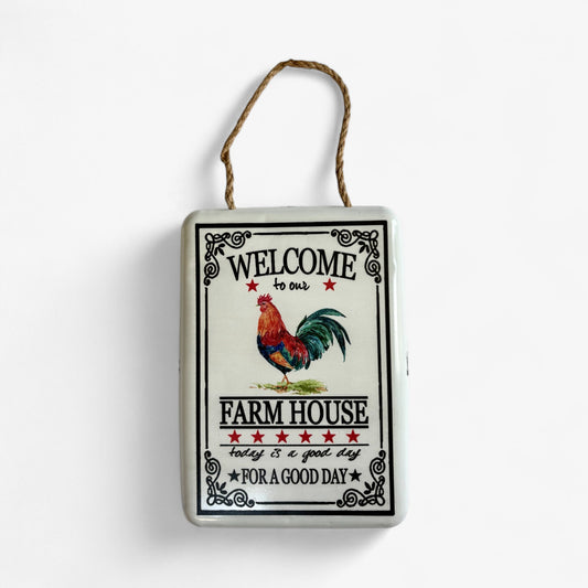 Rustic farmhouse welcome sign with a rooster design, vintage metal wall decor by Iron & Blossom, suitable for farmhouse decor.