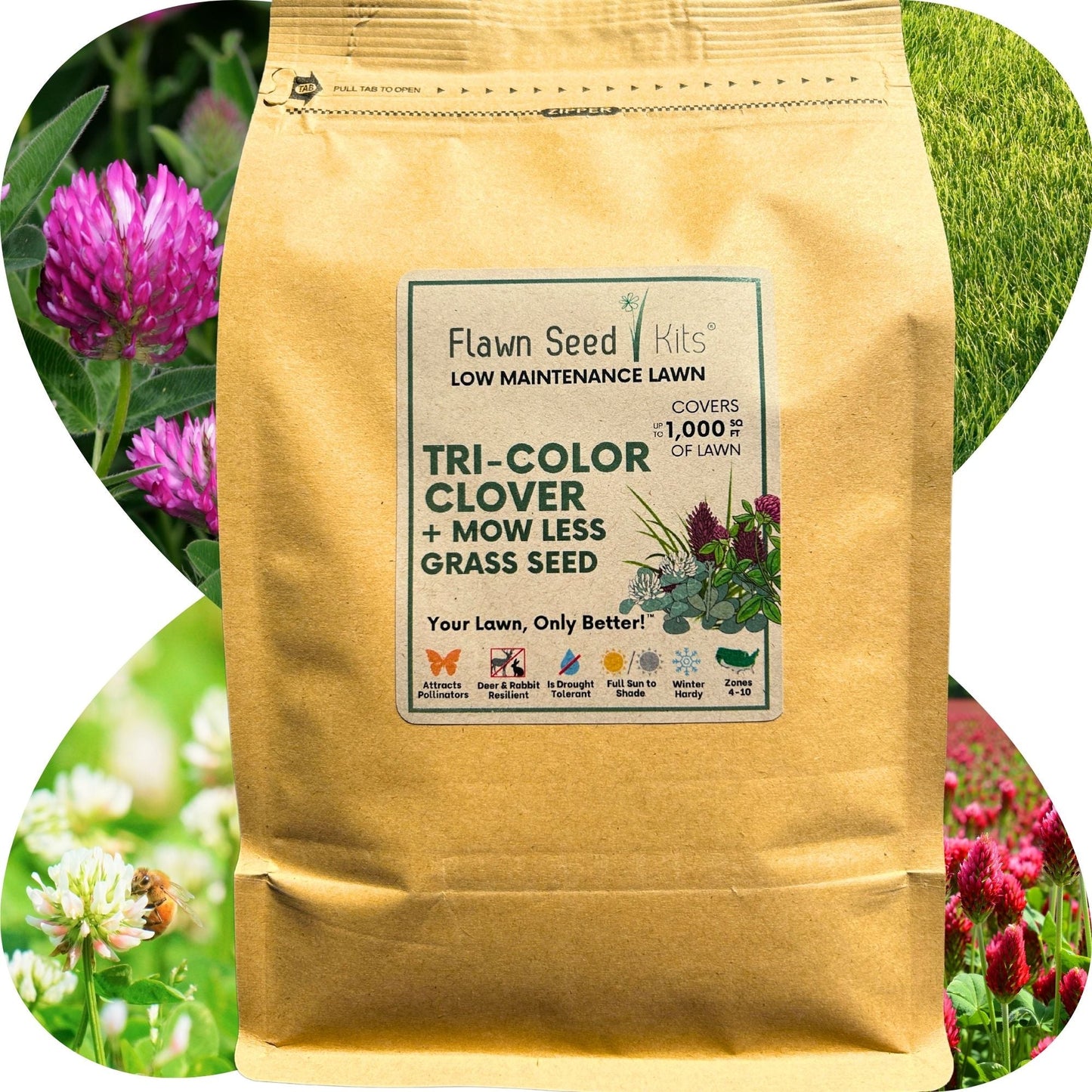 Tri-color clover and Mow Less grass seed in seed tape from Flawn Seed Kits, ideal for lawn and garden planting.