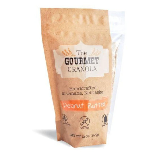 Two 12 oz packs of gluten, soy, and dairy-free Peanut Butter Granola from The Gourmet Granola, shown in resealable bags.