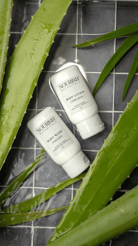 Rustic Strength Botanical Sample Set from Cottage Garden, travel-sized bath and body products with floral botanical designs.
