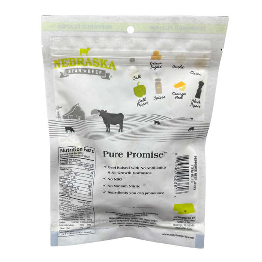 Black pepper beef jerky from Nebraska Star Beef, 3 oz package, showing slices of seasoned dried beef with black pepper.