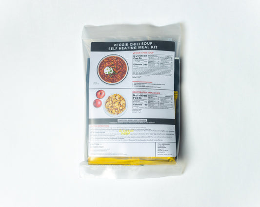 Self-heating veggie chili soup meal kit by Heaven's Harvest, freeze-dried food with colorful dried vegetables and packaging.