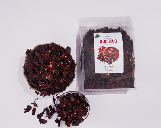 Dried hibiscus flowers in a resealable bag, showing vibrant red whole petals for tea, agua fresca, or cocktails by TradeBuza