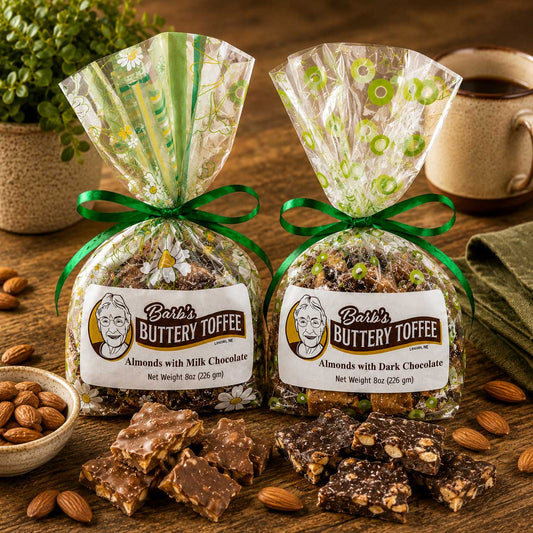 Homemade milk chocolate toffee with almonds from Barb's Buttery Toffee, 8 oz, featuring multiple nut options.