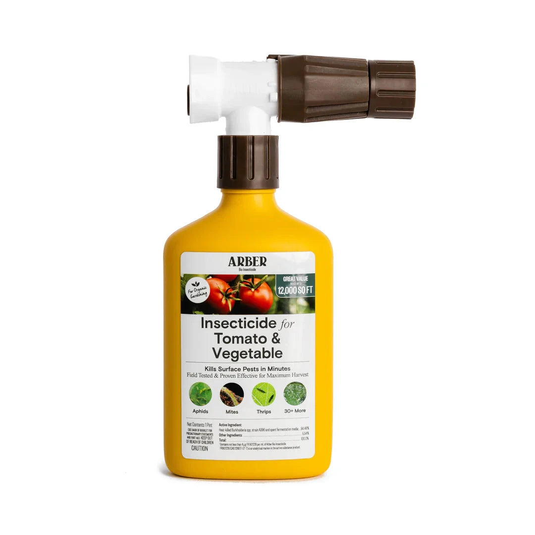 Bottle of Arber Organic Insecticide for tomatoes and vegetables, with a label showing organic gardening benefits.