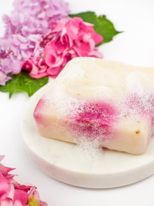 Pink Hydrangea Soap Scrub Bar by Ash & Rose, a floral bar soap with exfoliating texture and vibrant pink hydrangea design.
