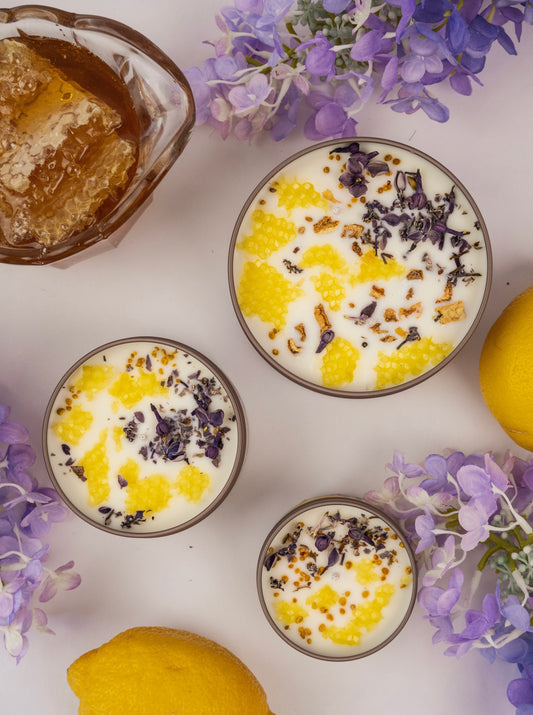Ash & Rose Nectar Lilac Lemon Honey candle, 4 oz, featuring a soft lilac color and natural floral and citrus scent.