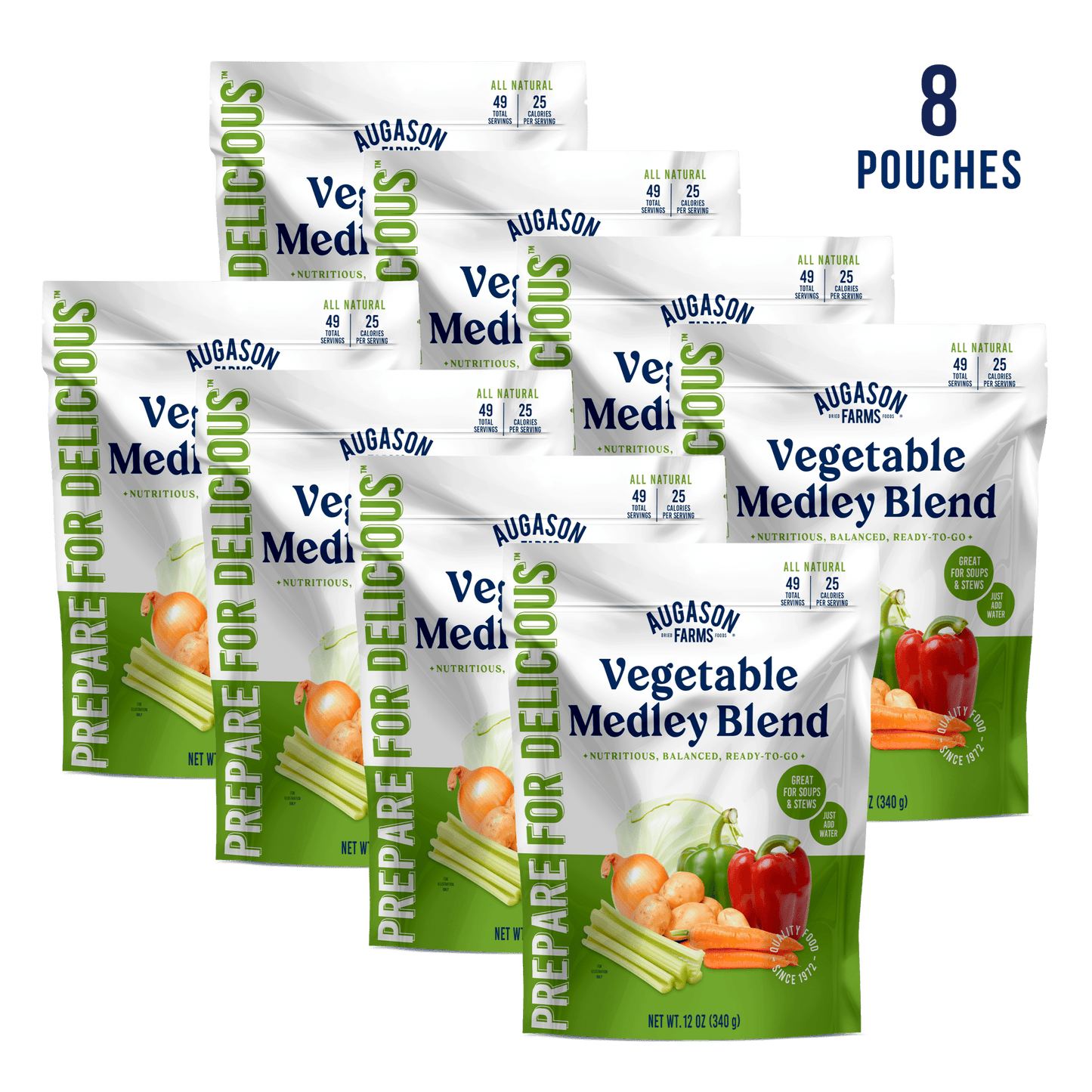 Augason Farms Vegetable Medley Blend pouch in pantry, showing colorful mixed vegetables for versatile cooking and meal prep.