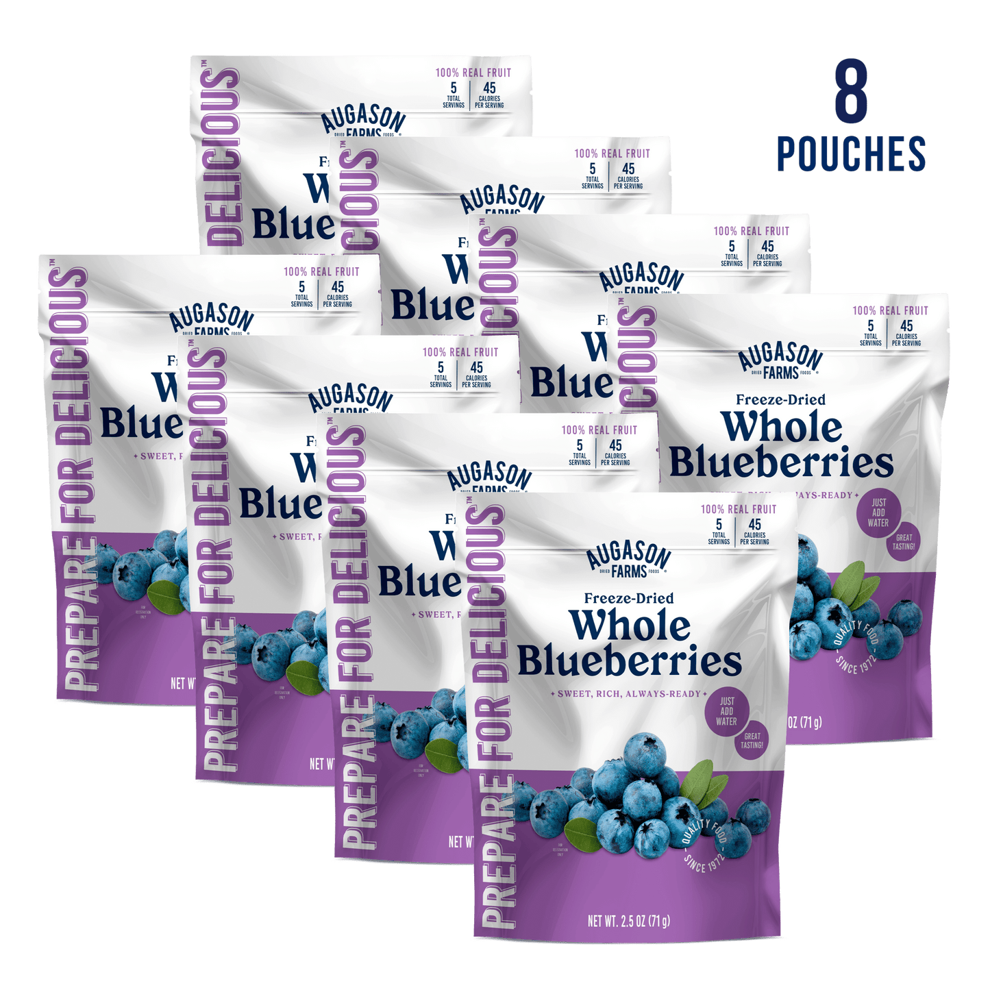 Freeze dried whole blueberries pouch by Augason Farms, 5 servings, showing vibrant dried blueberries in a resealable pouch.