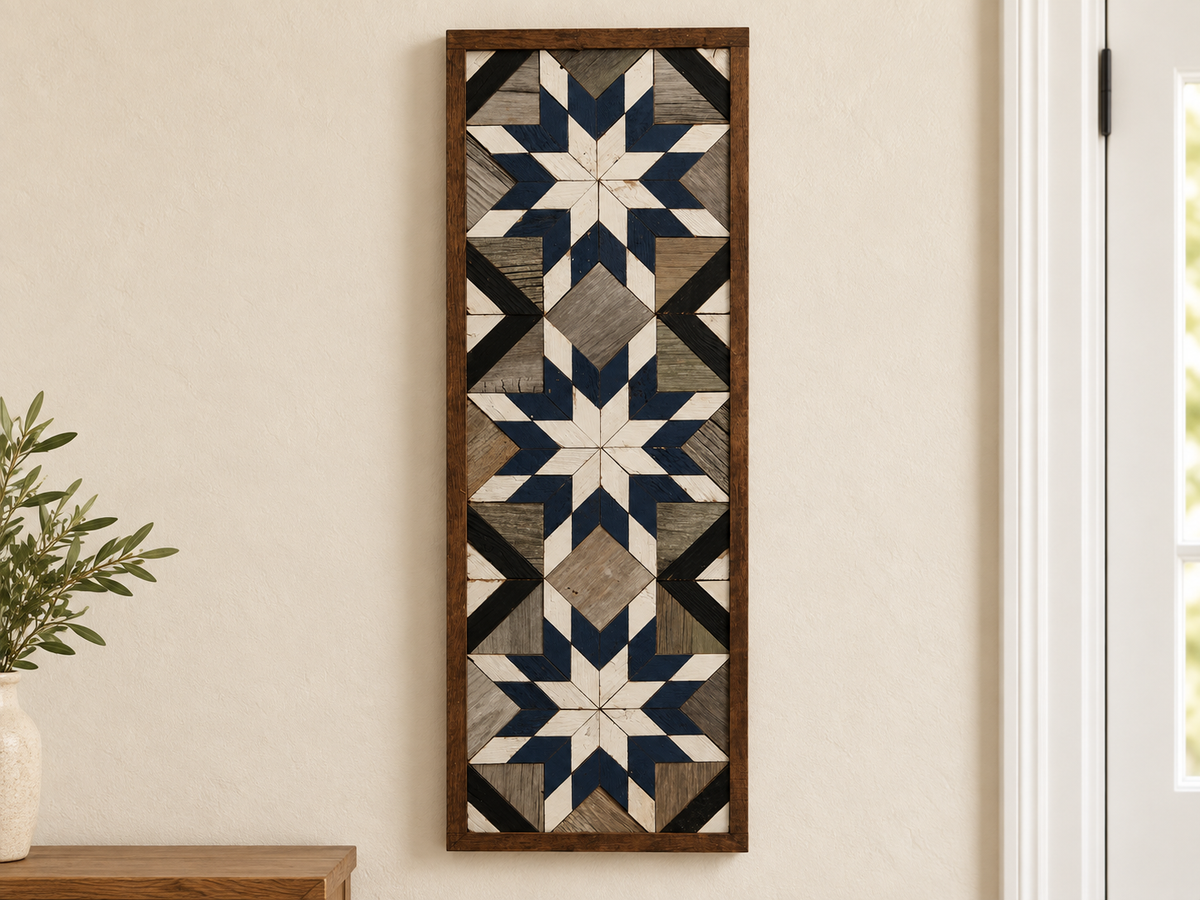 Amish Handmade Barn Quilt Banner featuring vibrant geometric patterns, 10.5 x 30 inches, crafted by Amish Country Store.