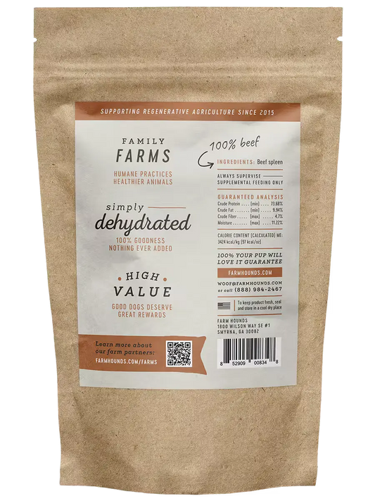 Farm Hounds beef spleen, natural organ meat for pets, showing fresh, sliced beef spleen on a neutral background.
