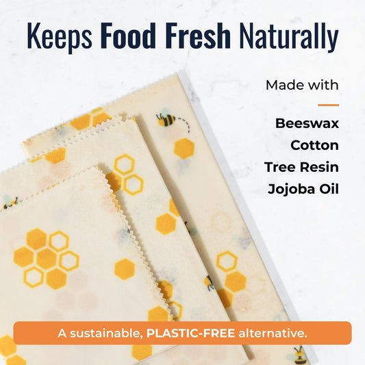 Set of beeswax food wraps with honeycomb pattern, eco-friendly plastic-free food storage by ZeroWasteStore.com