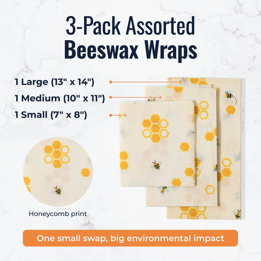 Set of three beeswax food wraps with honeycomb pattern from ZeroWasteStore.com, plastic-free reusable food storage wraps.