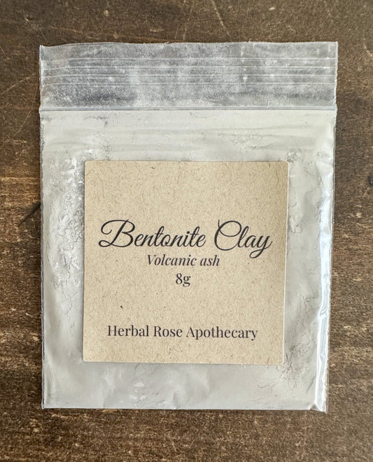 HerbalRoseApothecary bentonite clay powder in 8g jar, natural skincare clay, fine mineral-rich bentonite for face masks.