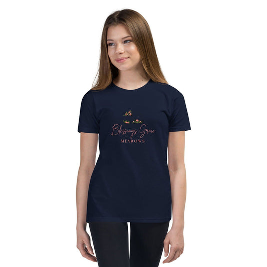 Navy youth Blessings Grow Meadows Comfort Colors T-shirt with colorful graphic design on front, made of soft cotton fabric.