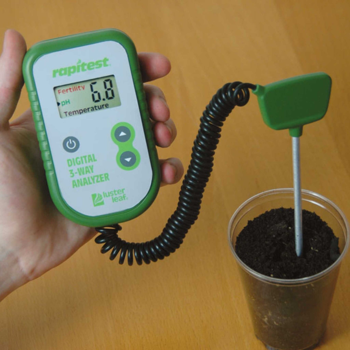 Luster Leaf Rapitest 3-Way Digital Soil Analyzer by Bootstrap Farmer showing digital display and soil testing probes.