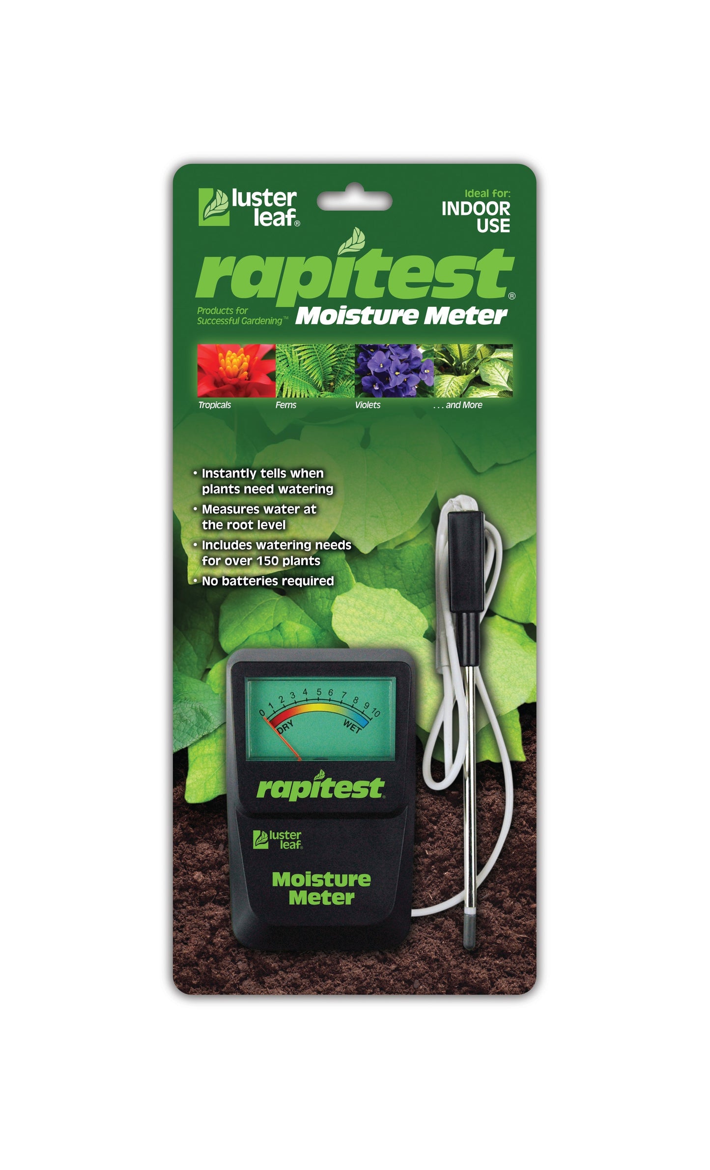 Luster Leaf Rapitest Moisture Meter by Bootstrap Farmer showing a hand holding the soil moisture testing device.