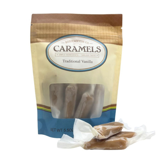 Box of two packs of Boxicanyon Vanilla Caramels, featuring 12 chewy caramel pieces in each multipack, from BuyNebraska.com.