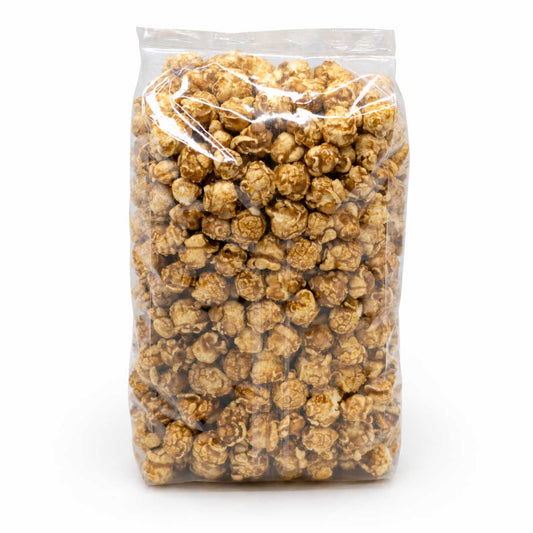 Crunchy caramel popcorn in an 8 oz bag from HR Poppin' Snacks, with golden caramel coating and crispy popcorn pieces.
