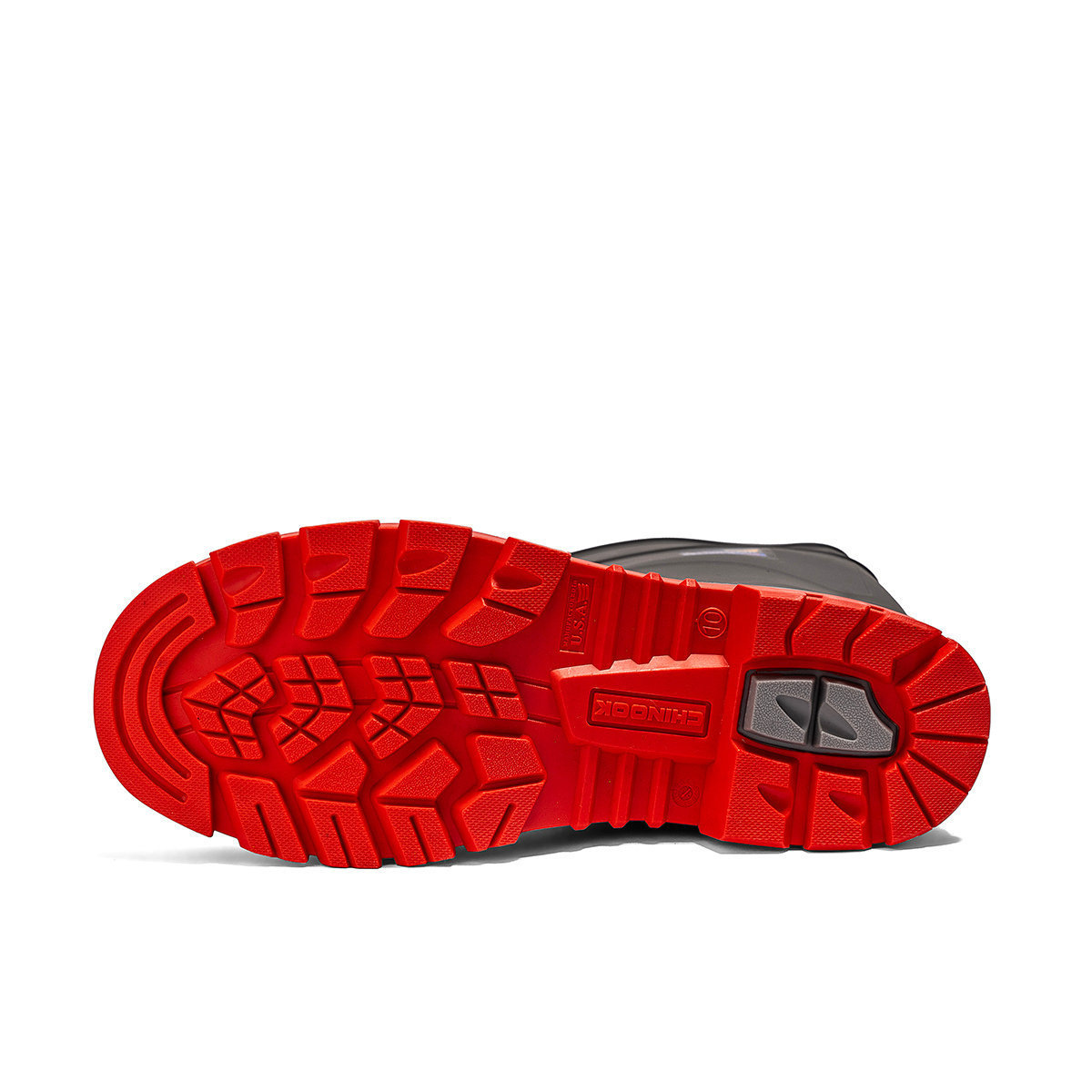 Chinook® Kickaxe 15-inch waterproof rubber boot in grey and orange with a sturdy rubber sole for work or outdoor use.