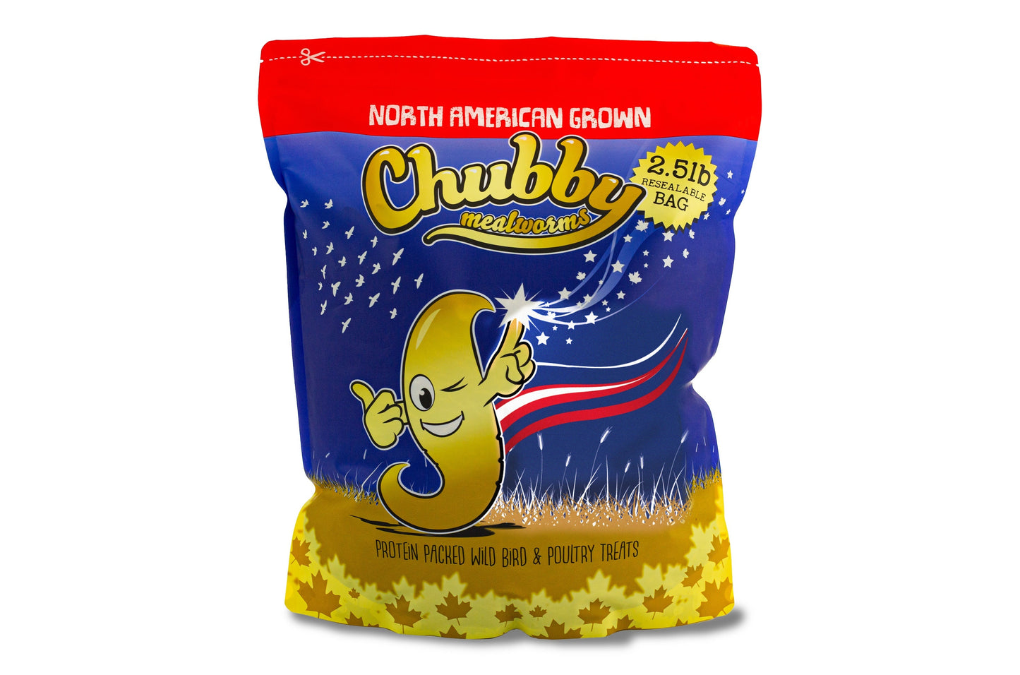 5lbs Chubby North American Dried Mealworms by Chubby Mealworms USA, non-GMO, Montreal grown, displayed in a clear bag.