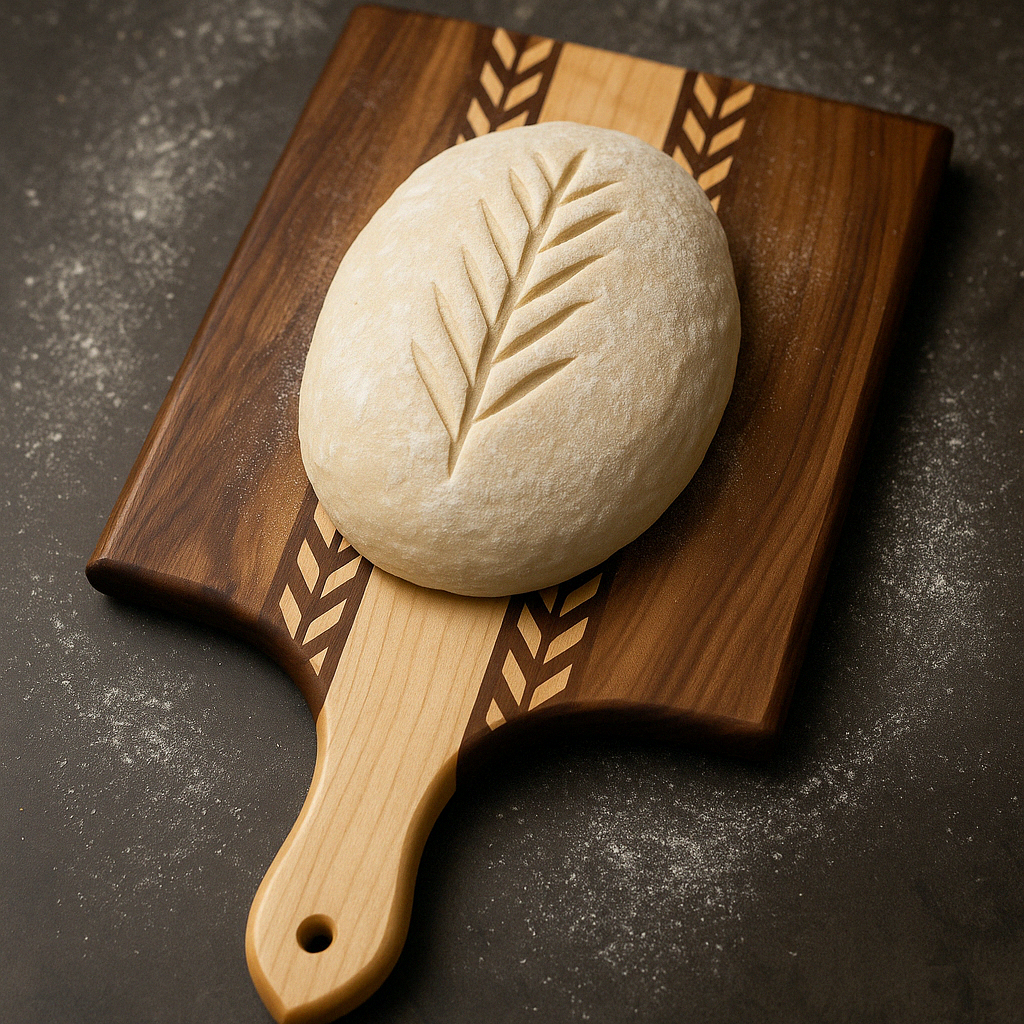 Handmade Amish wheat inlay cutting board made of mixed hardwood, featuring a paddle shape for kitchen use.
