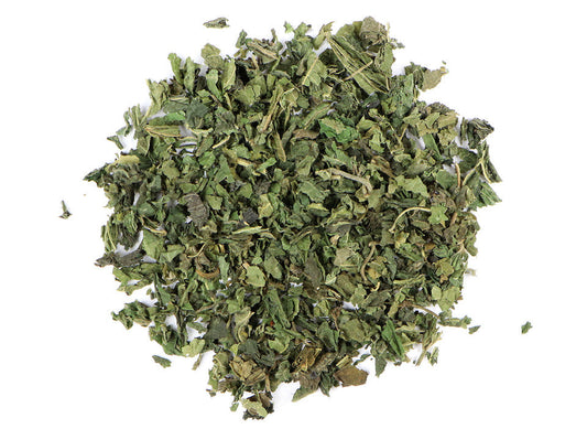 Organic Nettle Leaf from Dragonfly Elements in a 1oz package, showing fresh green dried nettle leaves.
