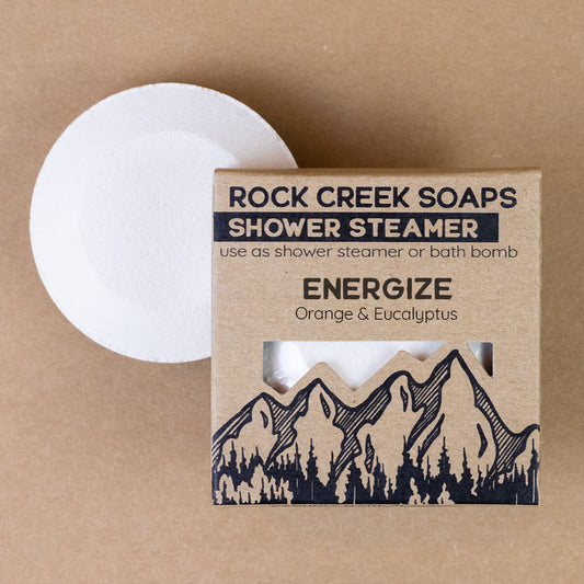 Rock Creek Soaps Energize shower and bath steamer with natural ingredients, designed to invigorate and refresh during use.