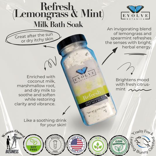 Evolve Botanica Milk Bath Refresh with lemongrass and mint, featuring a bowl of milk bath ingredients and fresh herbs.