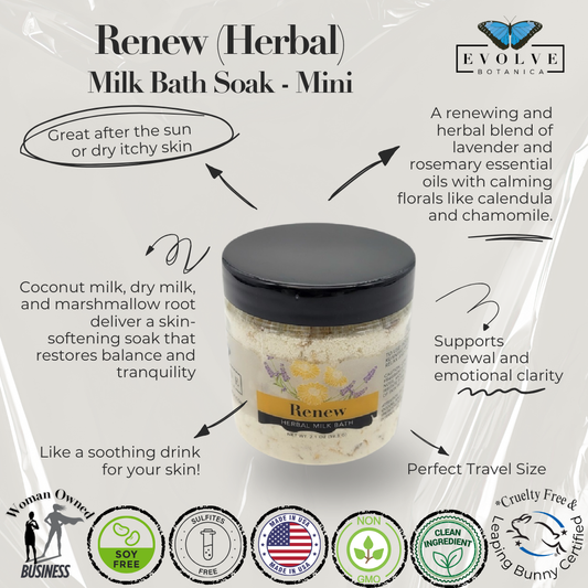 Evolve Botanica Milk Bath Renew Herbal Mini in a clear jar, showcasing a soothing herbal bath product with dried botanicals.