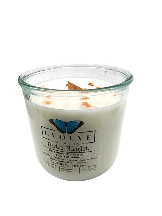 Evolve Botanica Rocks Candle Date Night with wood wick, rose quartz, and carnelian gemstones in a soy candle.
