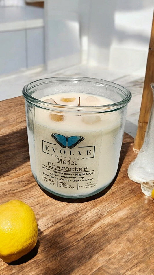 Evolve Botanica Rocks Candle Main Character featuring a wood wick, citrine, and snow quartz gemstones in a soy candle.