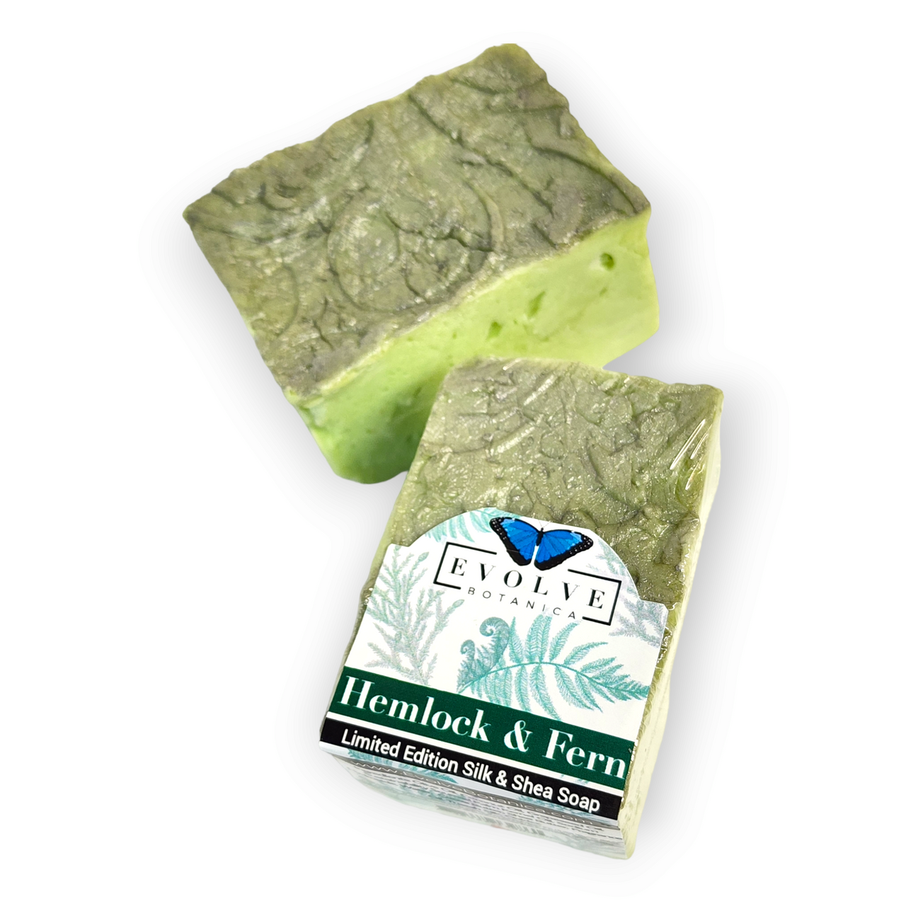 Evolve Botanica specialty soap with hemlock and fern scent, perfect for spring and Father's Day, shown in a natural soap bar.