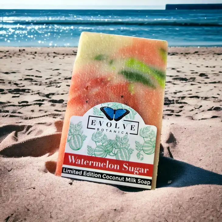 Evolve Botanica Watermelon Sugar Limited Edition soap bar with vibrant watermelon design and botanical ingredients.
