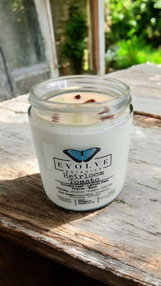 Evolve Botanica 9oz jam jar soy candle with heirloom tomato scent, crystal accents of prehnite and red jasper, natural wood wick