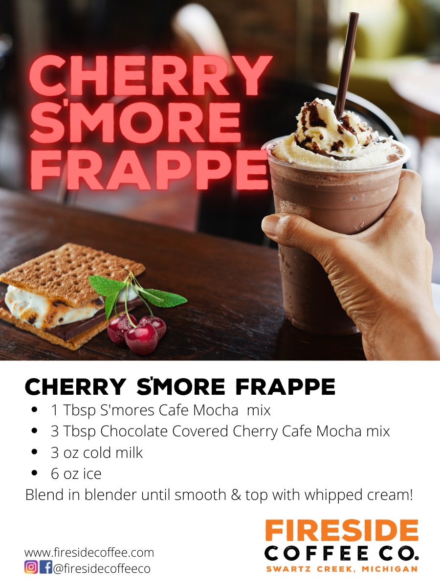 Fireside Coffee Co. S'mores Cafe Mocha in a cup with whipped cream and chocolate drizzles, showcasing a rich, caffeinated beverage.