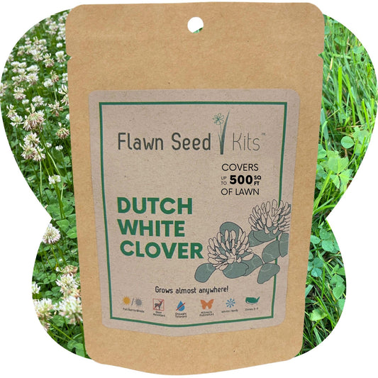 Dutch White Clover seed pouch from Flawn Seed Kits, 44 oz seed tape for planting in a 100 sq ft area, ideal for lawns and ground cover.