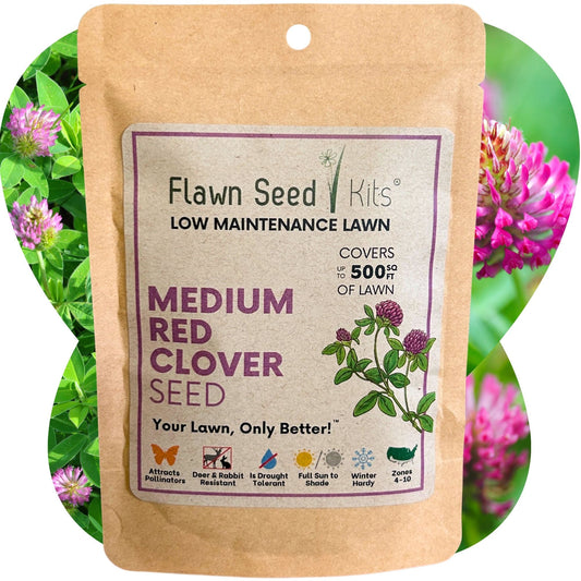 Medium red clover seed pouch from Flawn Seed Kits, containing seeds for planting in seed tape for 100 sq ft of garden area.
