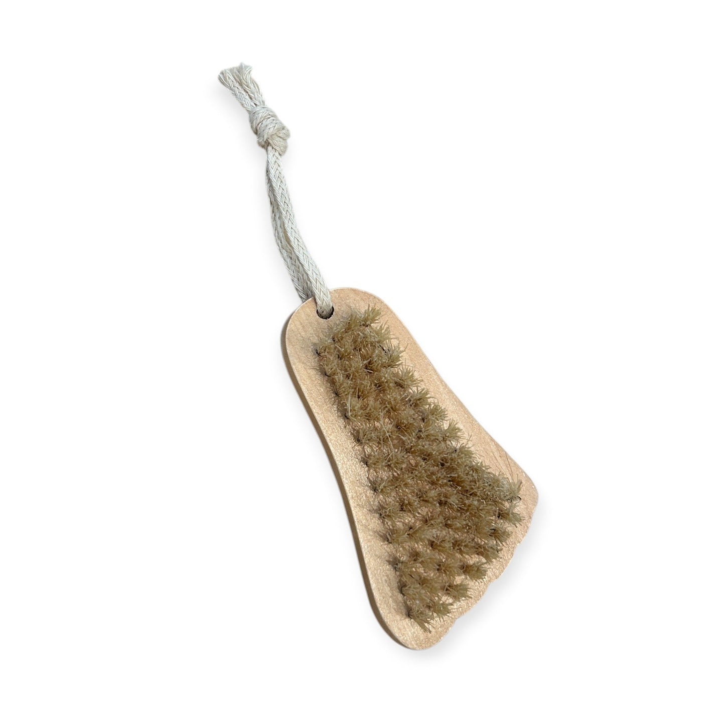 Foot and nail brush with wood handle and sisal bristles, ideal for personal foot and nail care.