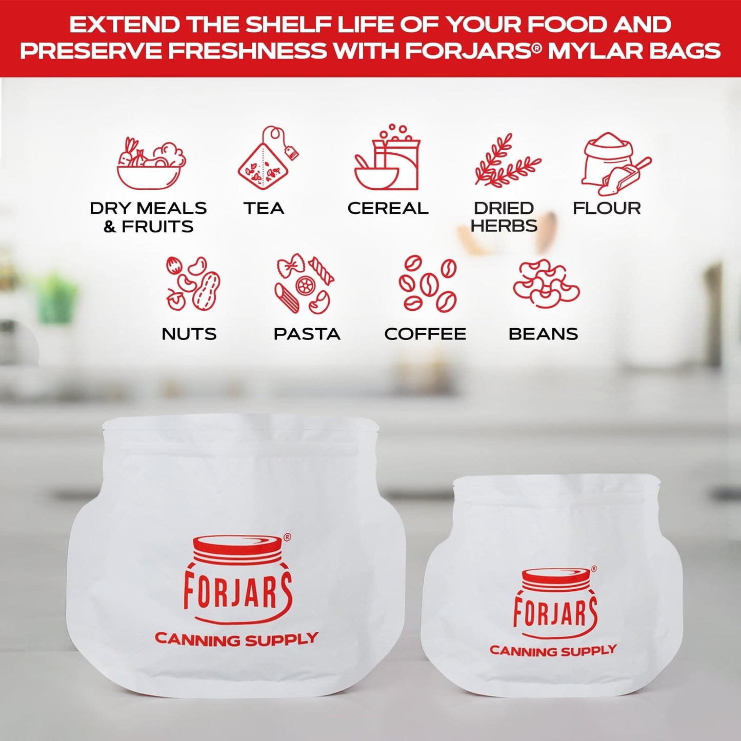 Forjars® 20-pack 24oz Mylar vacuum sealer bags for food storage, featuring durable, airtight material for freshness.
