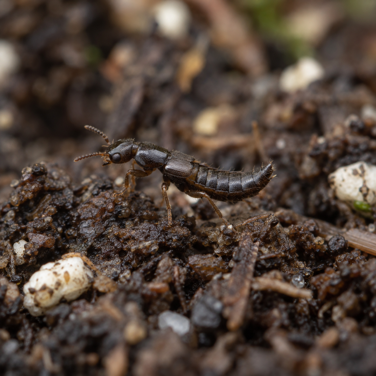 Dalotia coriaria rove beetles used for pest control, shown on soil in a treatment application from FGMN Nursery.