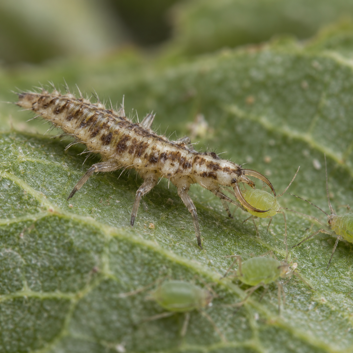Green lacewing larvae from FGMN Nursery preying on aphids, used for natural pest prevention in gardens.
